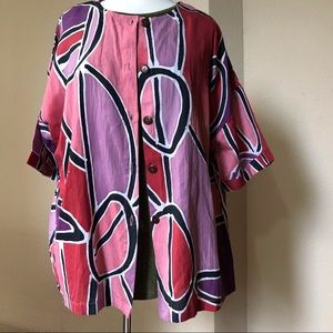 NEW Silk Button Down Top, Pink Purple Print - Sz L